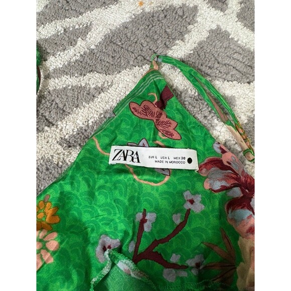 Zara Bright Green Floral Satin Slip Dress with Ruching - Picture 4 of 4